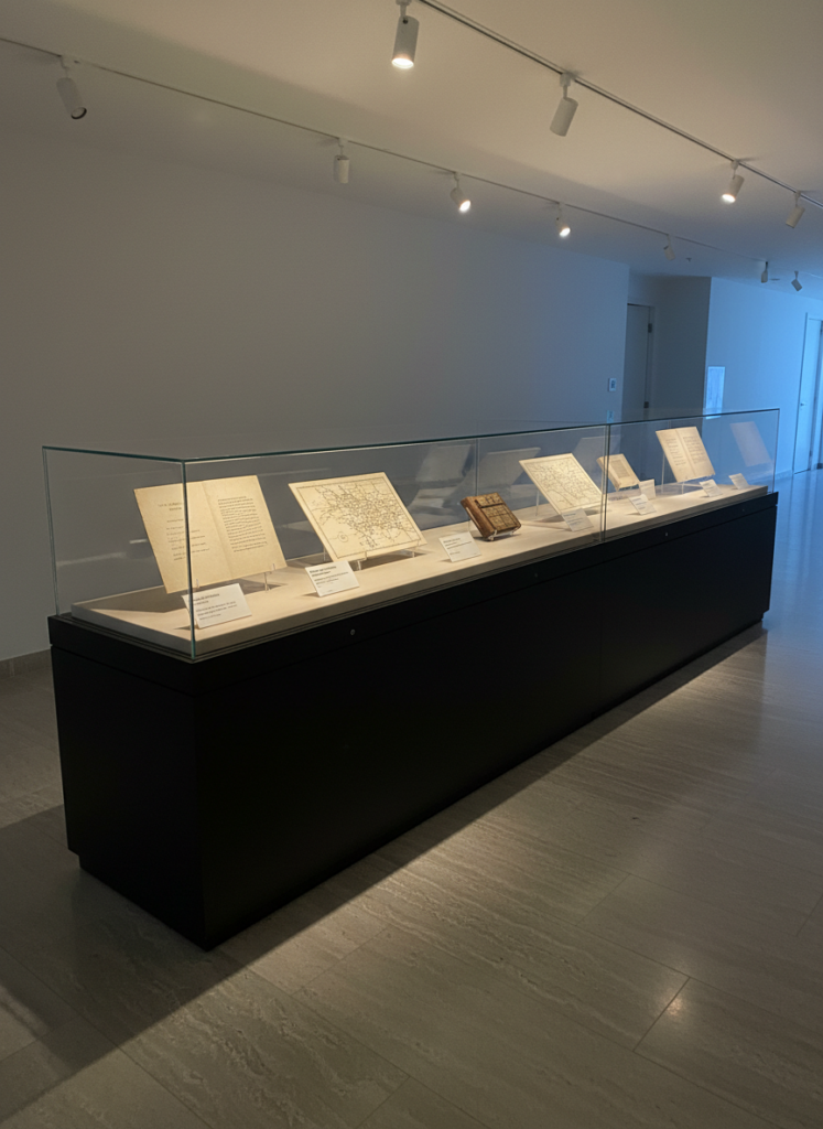 An elegant, minimalist exhibition display in a public corridor of a national archive, featuring a long, low glass case with a matte black base housing carefully mounted historical documents, maps, and a small bound register. Each item is accompanied by discreet bilingual captions on white placards with clean typography. Soft track lighting from above casts controlled, warm beams onto the documents without glare, while the surrounding space remains gently dim, focusing attention on the display. The polished stone floor reflects subtle hints of light and color. Photographed at an eye-level three-quarter view in photographic realism, the atmosphere is dignified, contemplative, and educational, showing how archival material is shared with the public while remaining carefully protected.